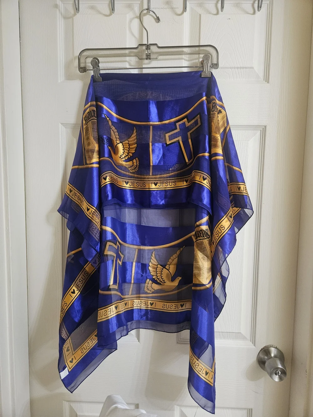 White & Gold Religious Print Satin Scarf - Picture 10 of 12